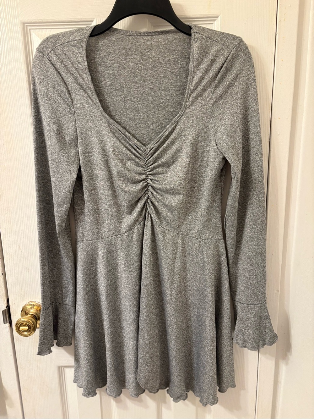 SHEIN Gray Ruched V-Neck Long Sleeve Flare Dress